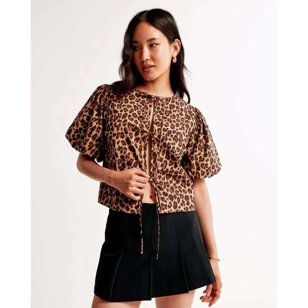 Abercrombie‎ & Fitch Short-Sleeve Tie-Front Top Leopard Print Size Large NWT